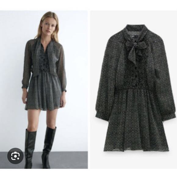 Zara Black Printed Chiffon Tie Neck Long Sleeve Sheer Romper Size XS NWT - Picture 1 of 13